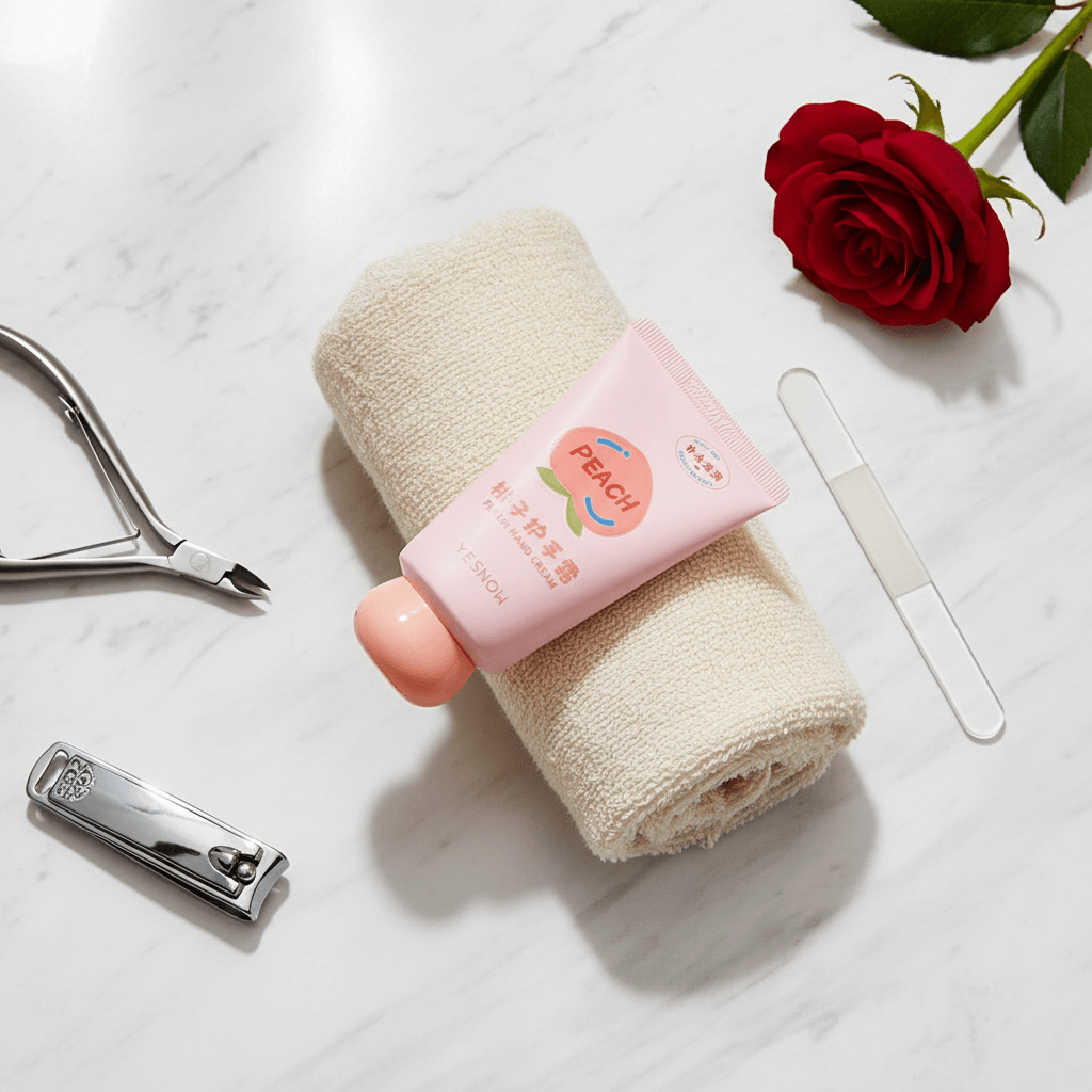 Fruit Fragrance Milky Hand Cream on a soft towel with nail care tools and a rose, showcasing hydration and nourishment.
