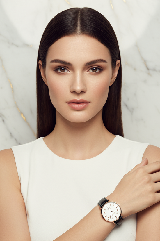 Perfectly styled straight hair - graceful pose