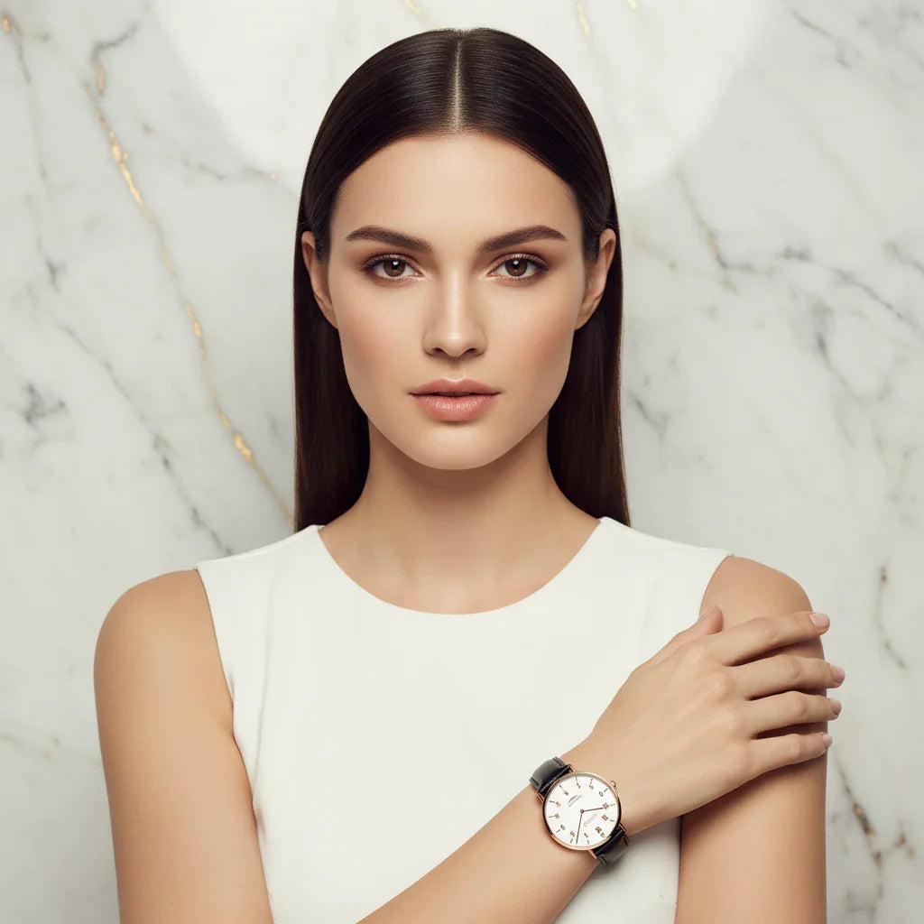 Perfectly styled straight hair - graceful pose