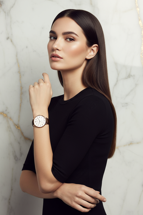 Perfectly styled straight hair - graceful pose