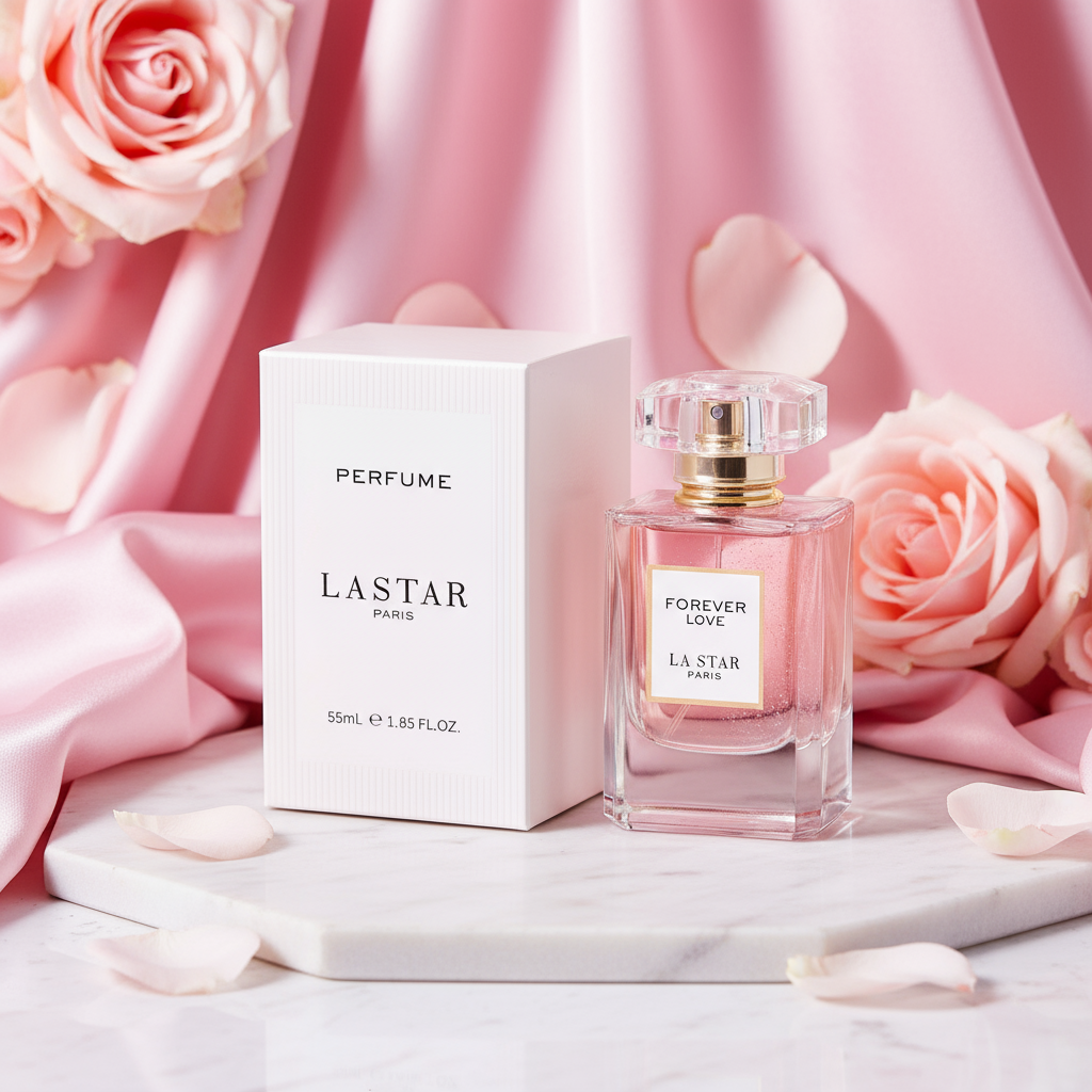 Perfume on marble with roses