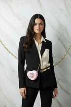 Pink bag - belt bag front pose black blazer