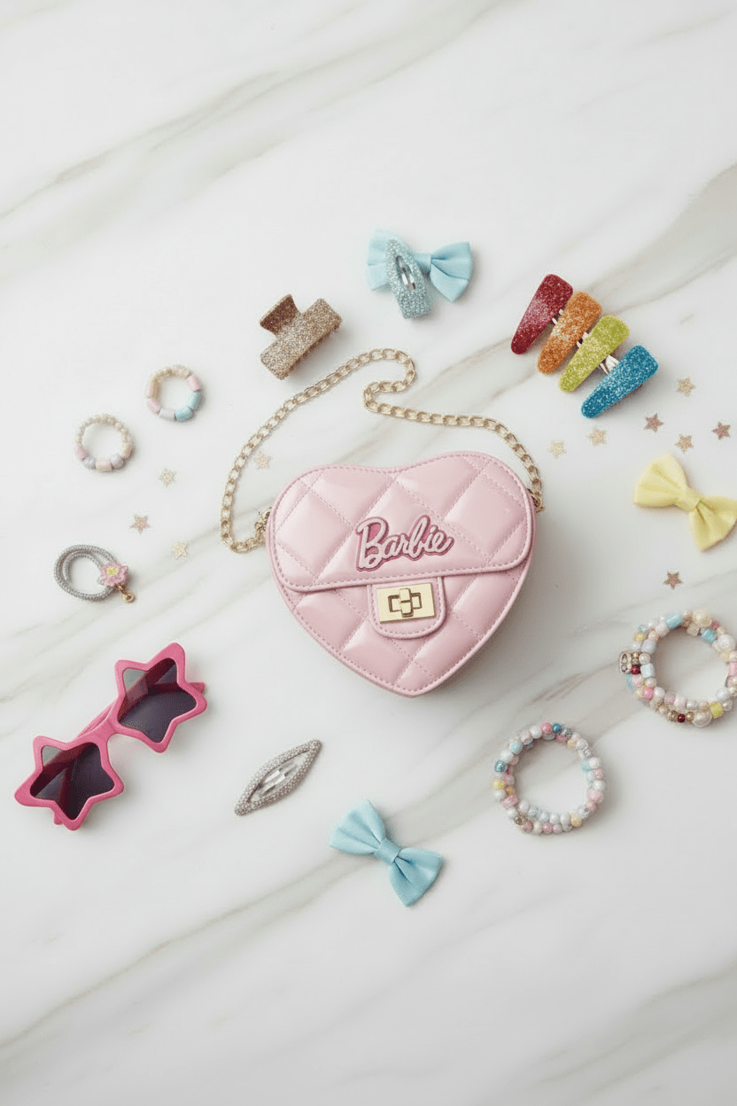 Pink bag - flat lay with kids accessories