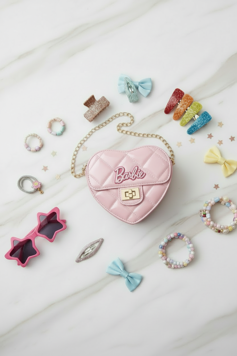 Pink bag - flat lay with kids accessories