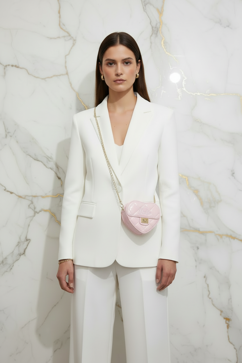 Pink bag - front pose white blazer
