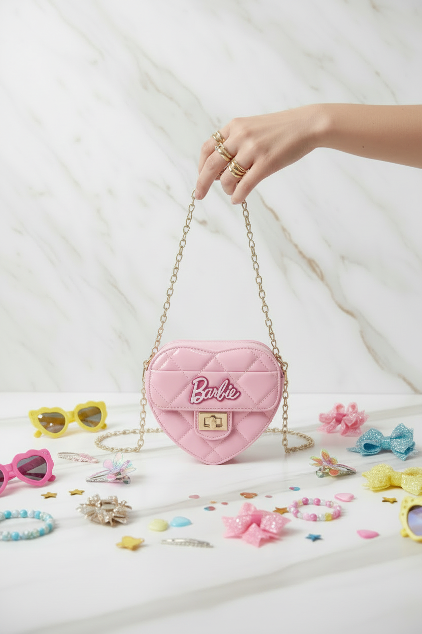 Pink bag - hand holding chain with kids accessories