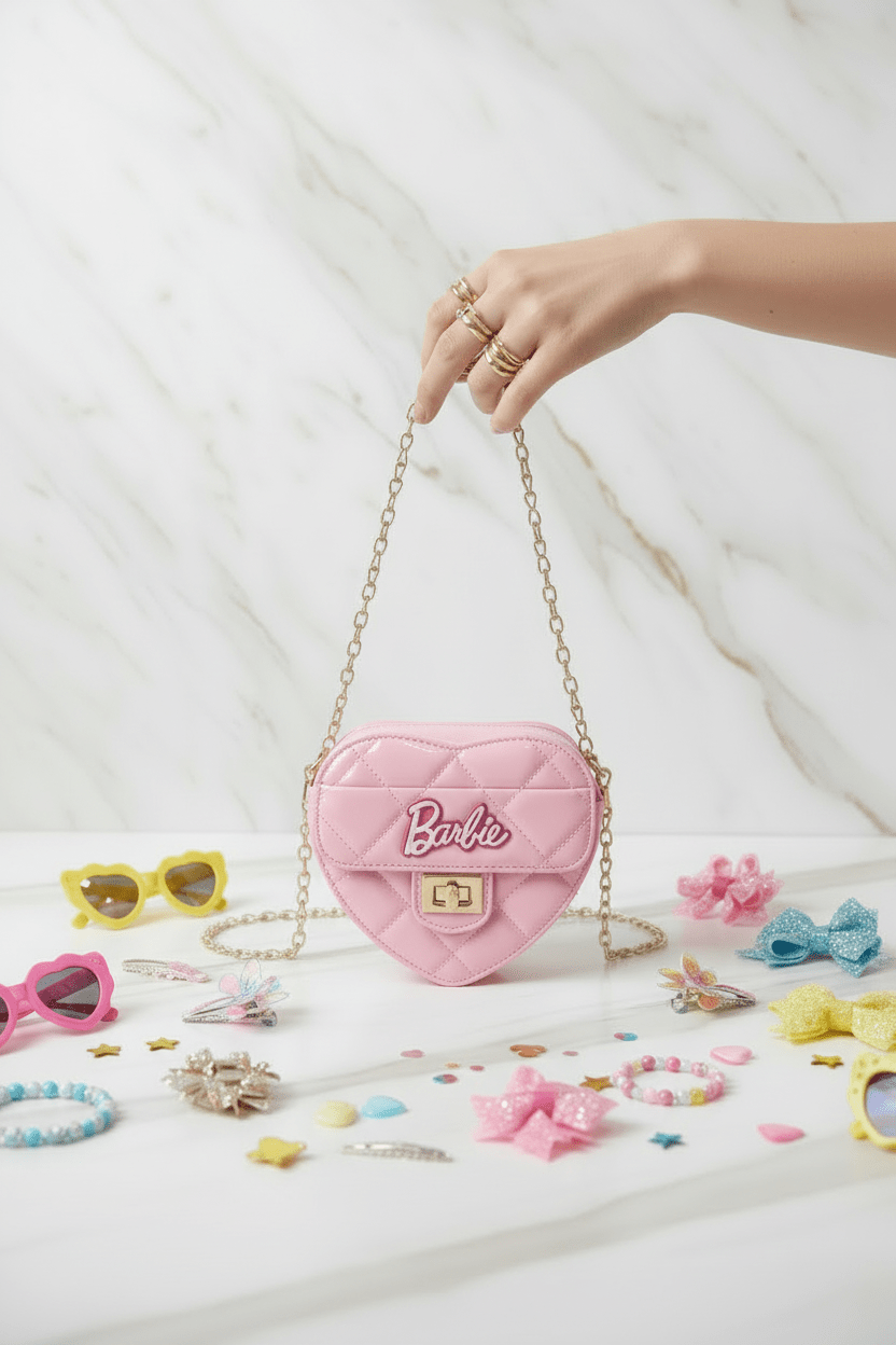 Pink bag - hand holding chain with kids accessories