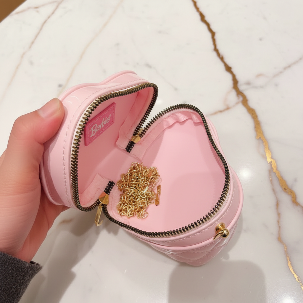 Pink bag - opened by hand marble background