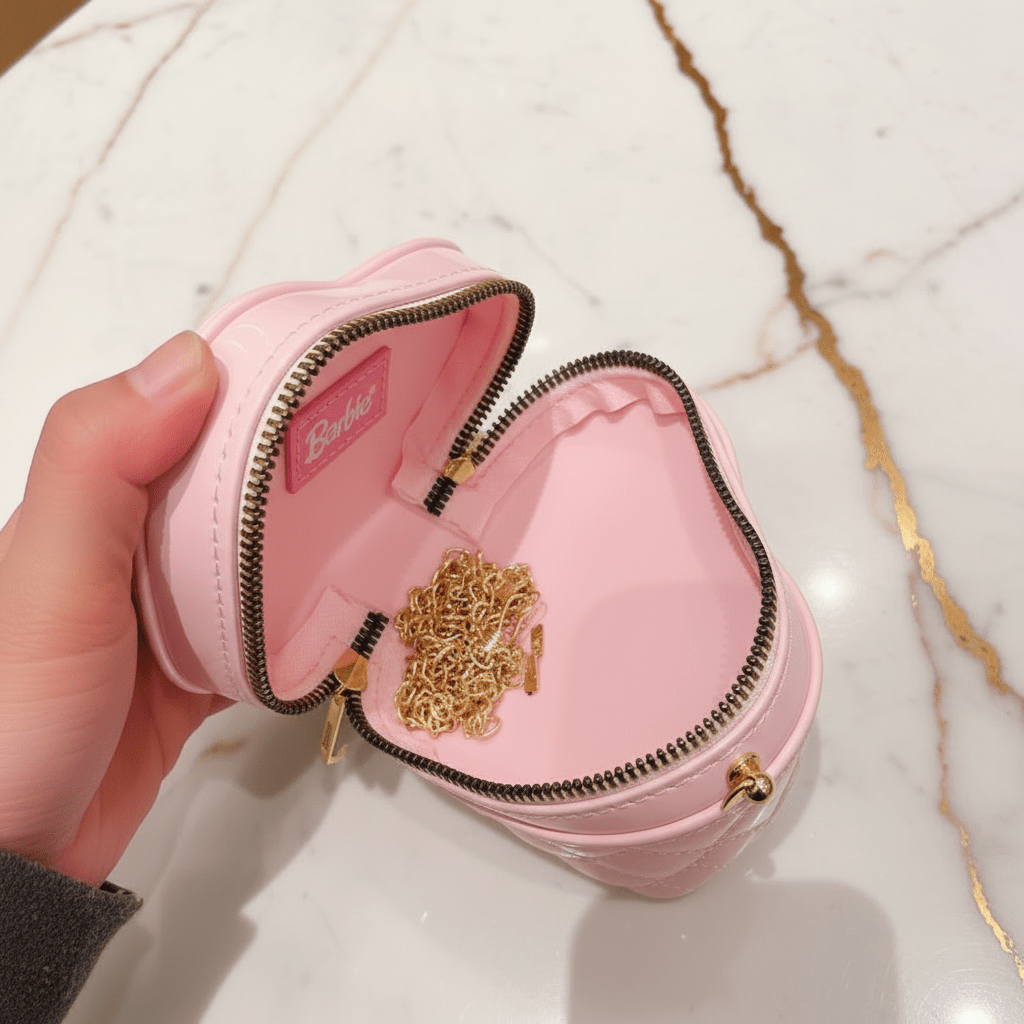 Pink bag - opened by hand marble background