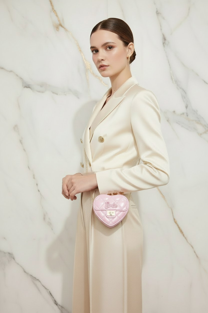 Pink bag - side pose cream coat