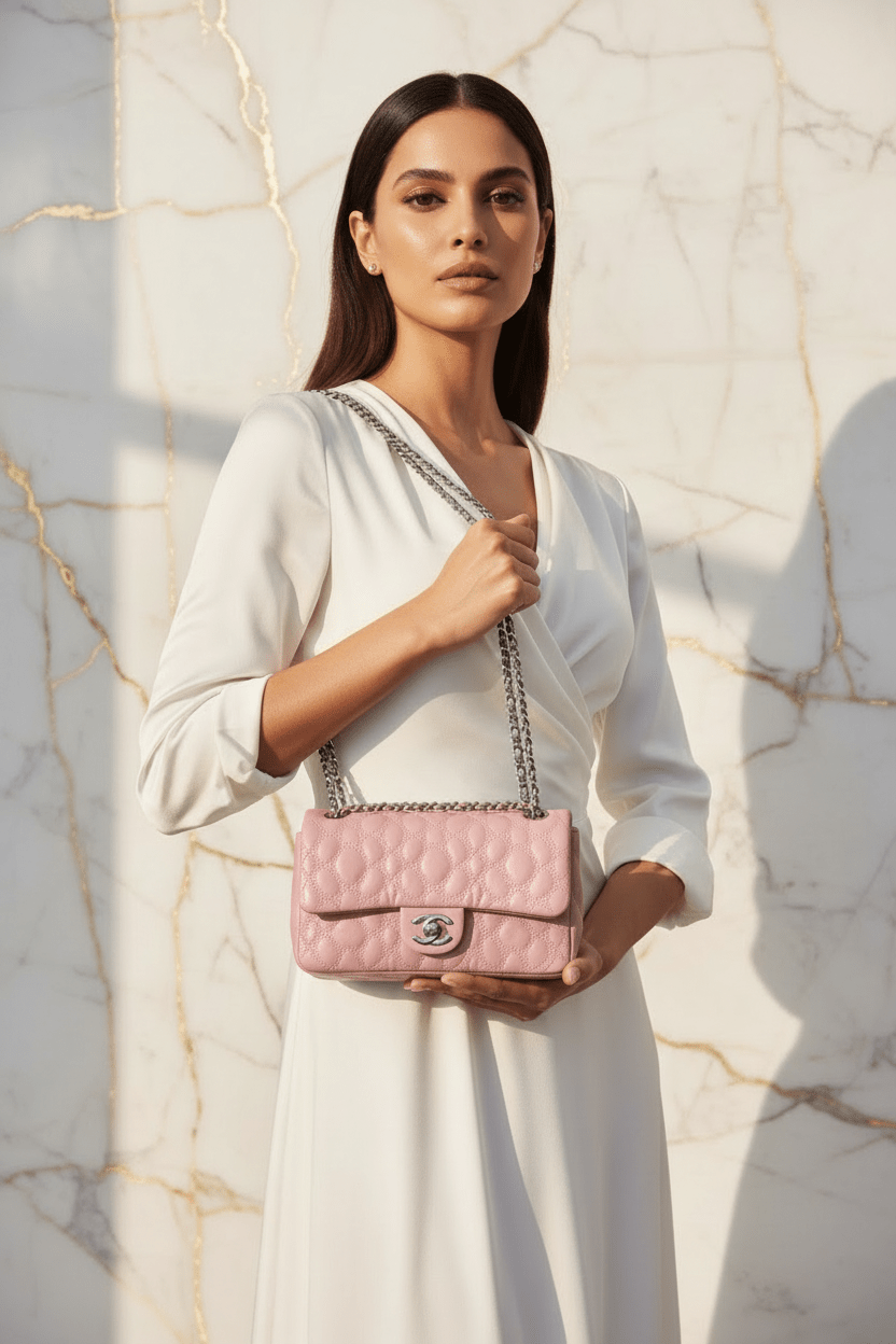 Pink bag with model - front pose