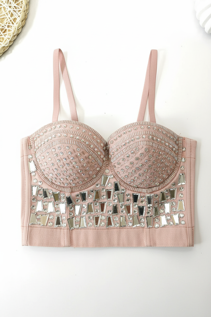 Pink Crystal Bustier Top - Front Flat Lay