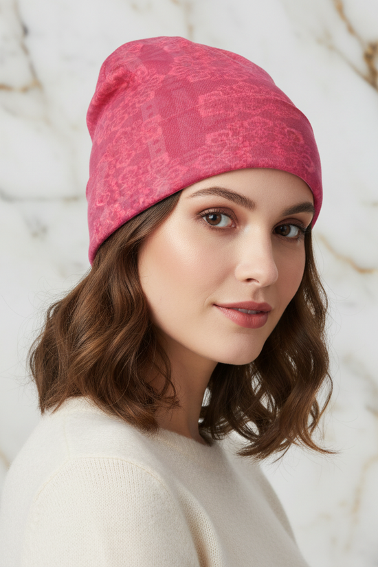 Pink Floral Knitted Hat - Angled Front View