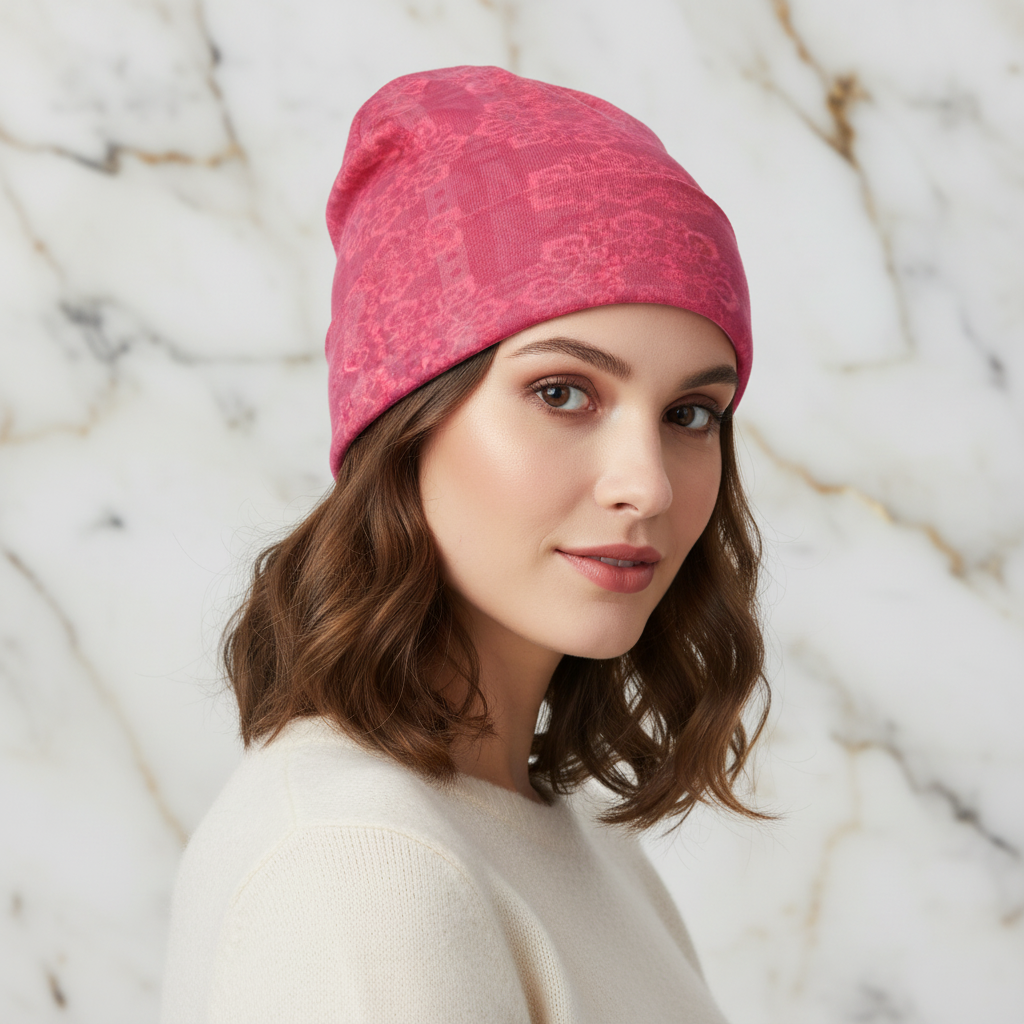 Pink Floral Knitted Hat - Angled Front View