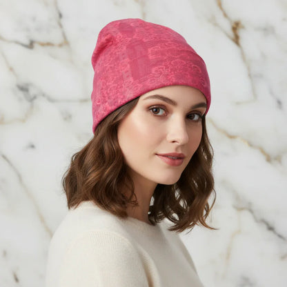 Pink Floral Knitted Hat - Angled Front View