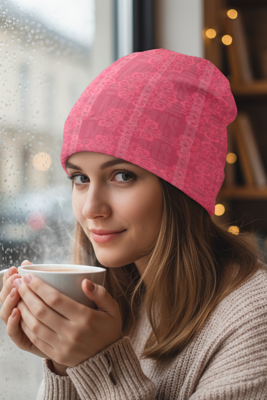 Pink Floral Knitted Hat - Café Close-up