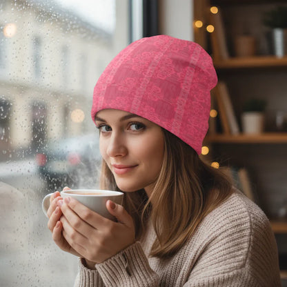 Pink Floral Knitted Hat - Café Close-up