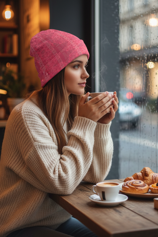 Pink Floral Knitted Hat - Café Scene