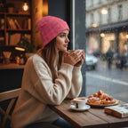 Woman in pink floral knitted hat and cream sweater enjoying coffee at café table with pastries.