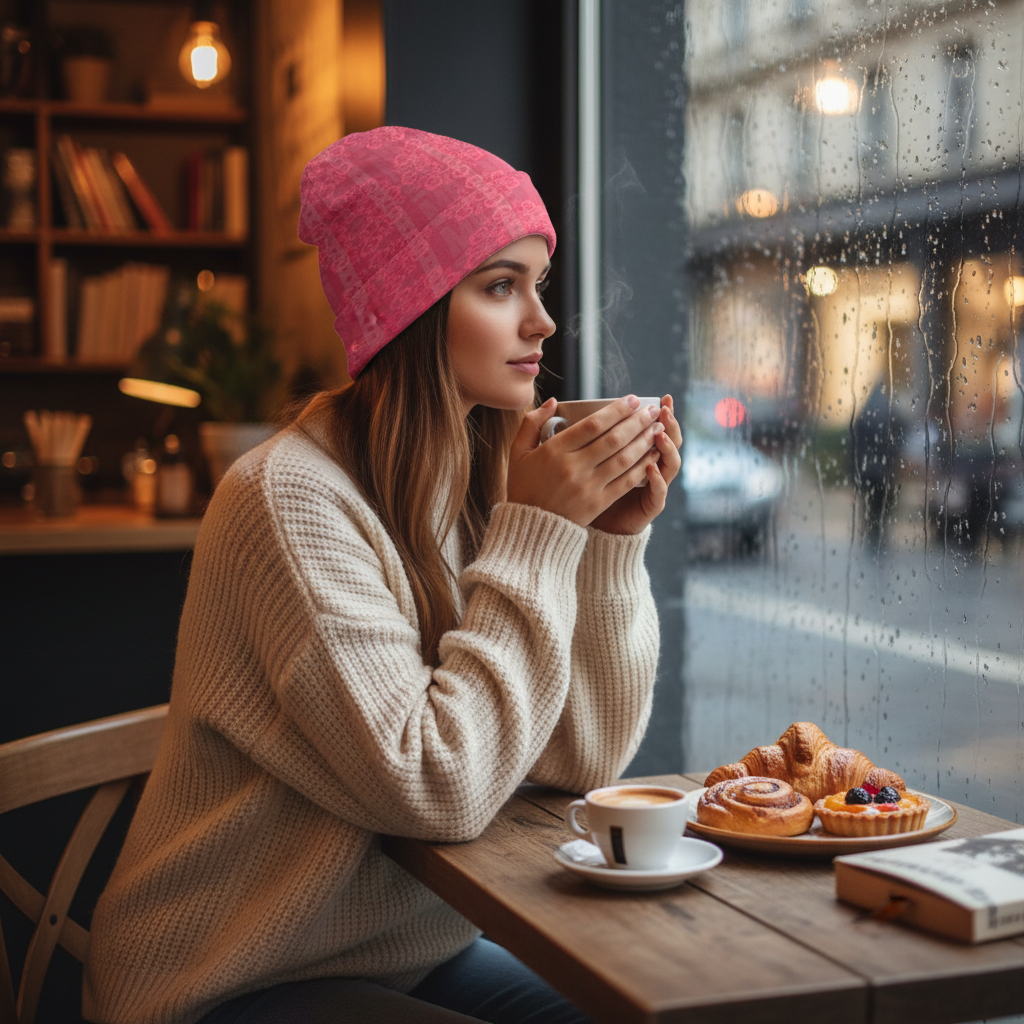 Pink Floral Knitted Hat - Café Scene