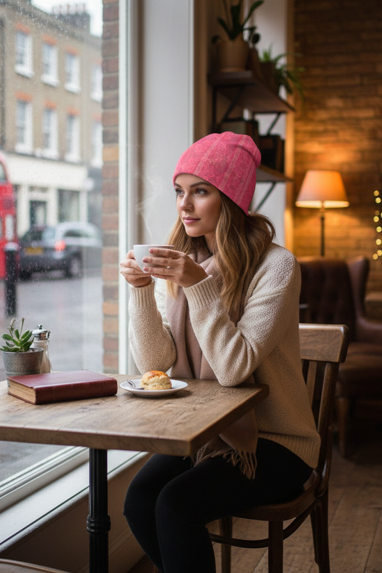 Pink Floral Knitted Hat - Café Window