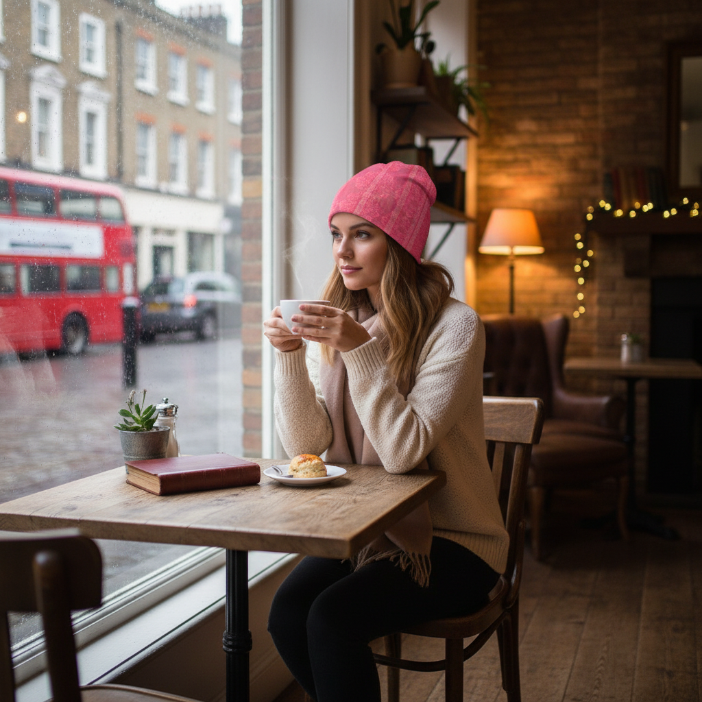 Pink Floral Knitted Hat - Café Window