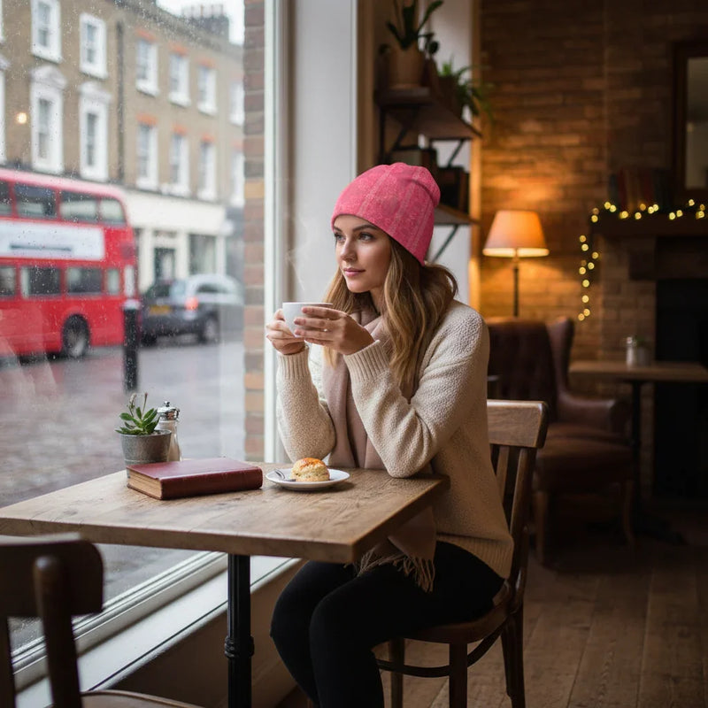Woman in pink floral knitted hat at café window, cozy sweater, winter fashion, Ivorynn style