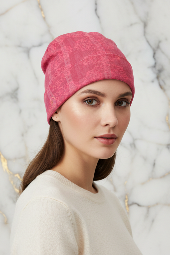 Pink Floral Knitted Hat - Front View