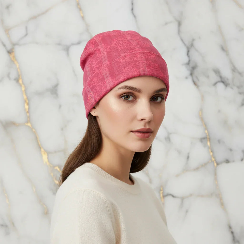 Woman wearing pink floral knitted hat, stylish winter accessory from Ivorynn