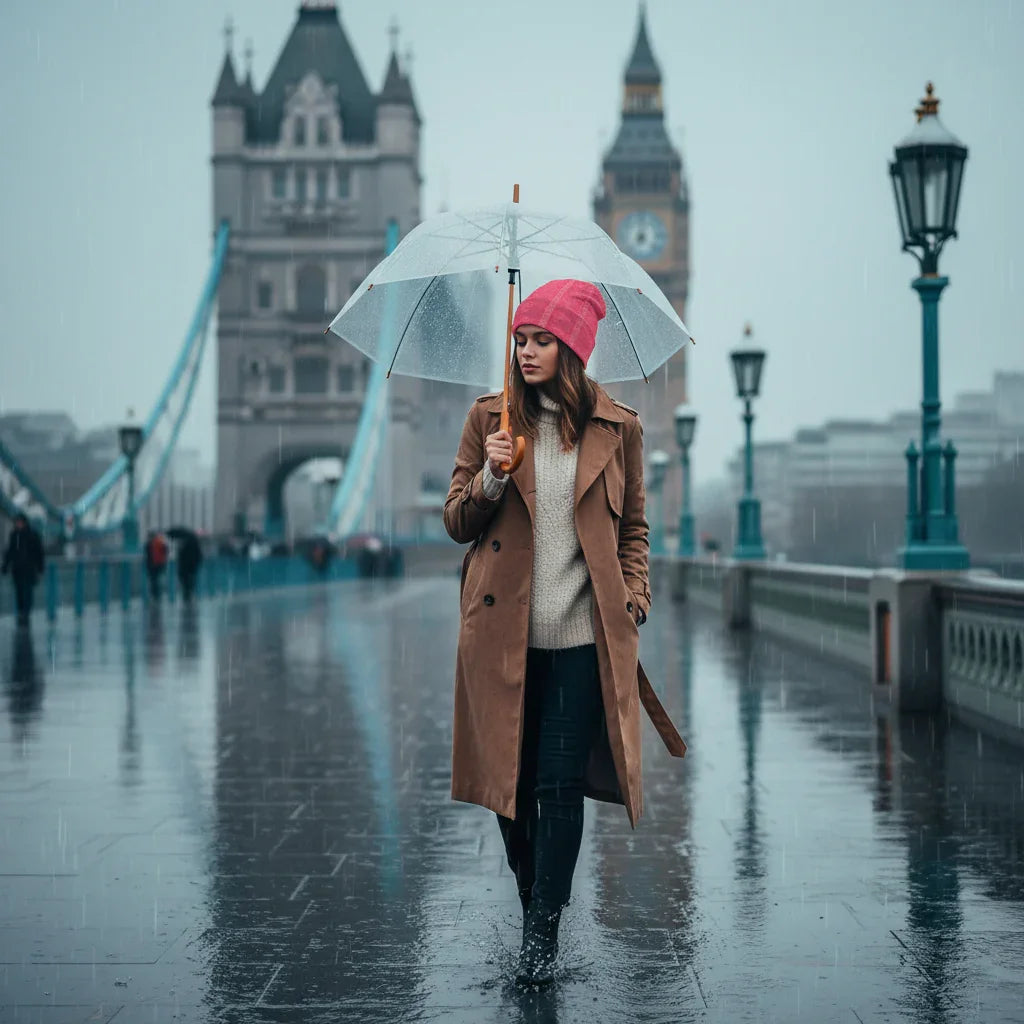 Woman in pink floral knitted hat and trench coat with umbrella on rainy London Bridge