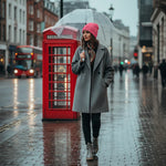 Woman in pink floral knitted hat and gray coat with umbrella on rainy London street, red phone booth, luxury fashion style from Ivorynn.