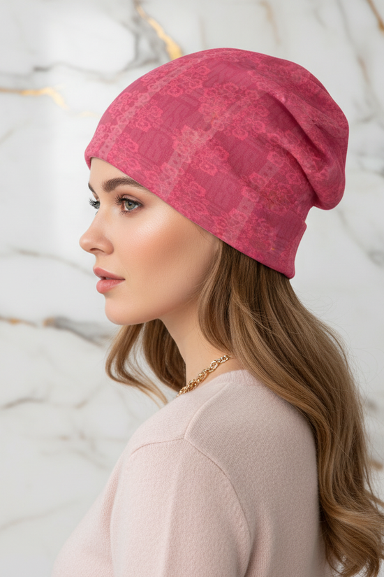 Pink Floral Knitted Hat - Opposite Three-Quarter View