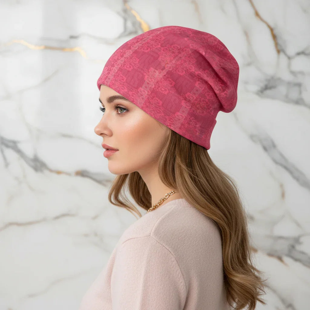Woman wearing a pink floral knitted hat, stylish fashion accessory, Ivorynn apparel