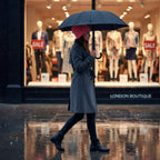 Woman in gray coat and pink knitted hat with umbrella passing fashion boutique window on rainy day