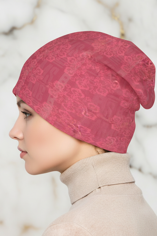 Pink Floral Knitted Hat - Side Profile
