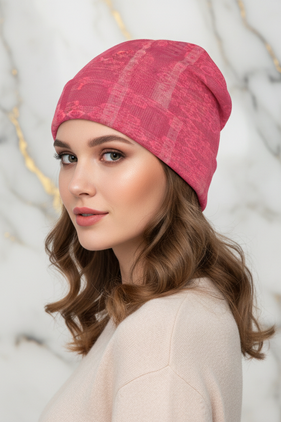 Pink Floral Knitted Hat - Three-Quarter View