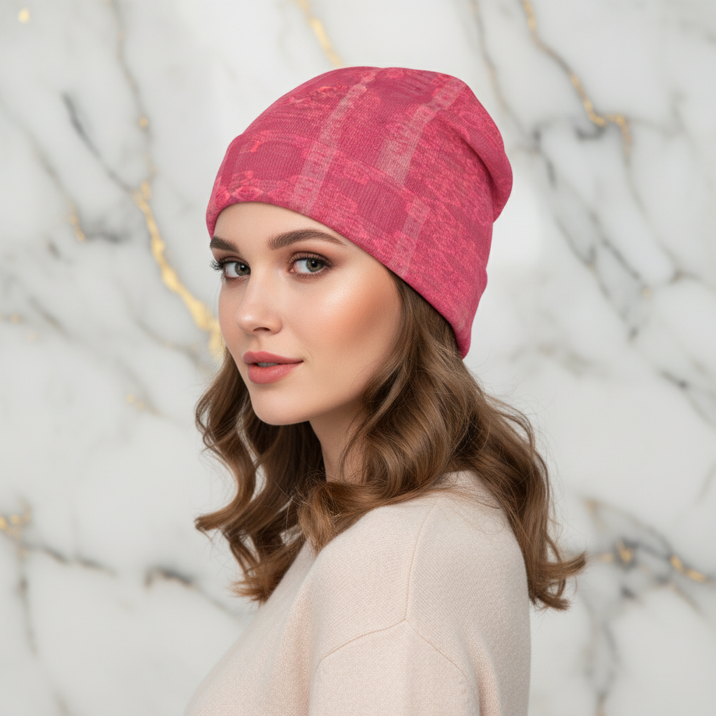 Pink Floral Knitted Hat - Three-Quarter View