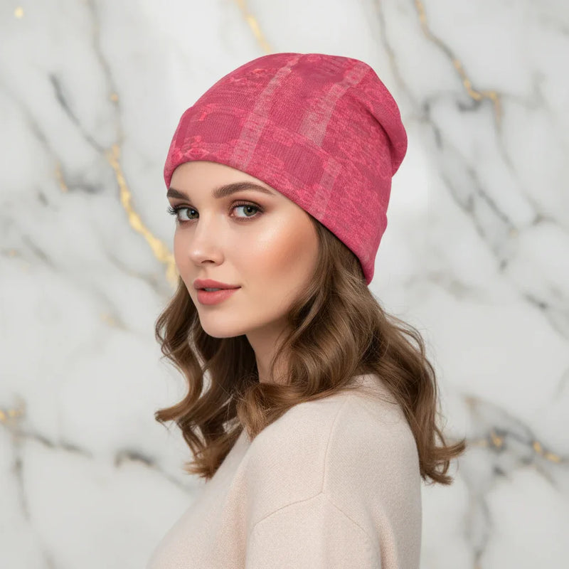 Woman wearing pink floral knitted hat, stylish winter fashion, Ivorynn apparel