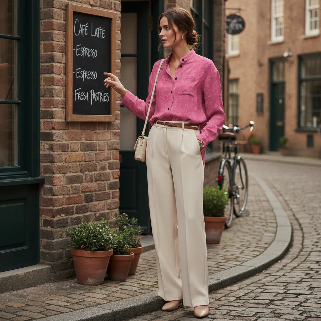 Woman in a pink floral shirt and cream trousers outside a cafe, stylish urban fashion by Ivorynn