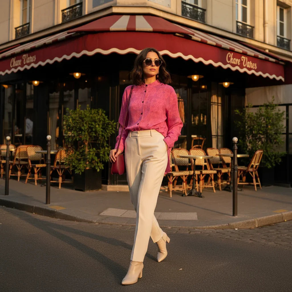 Woman in a pink floral shirt and cream trousers walking stylishly outside a Parisian café