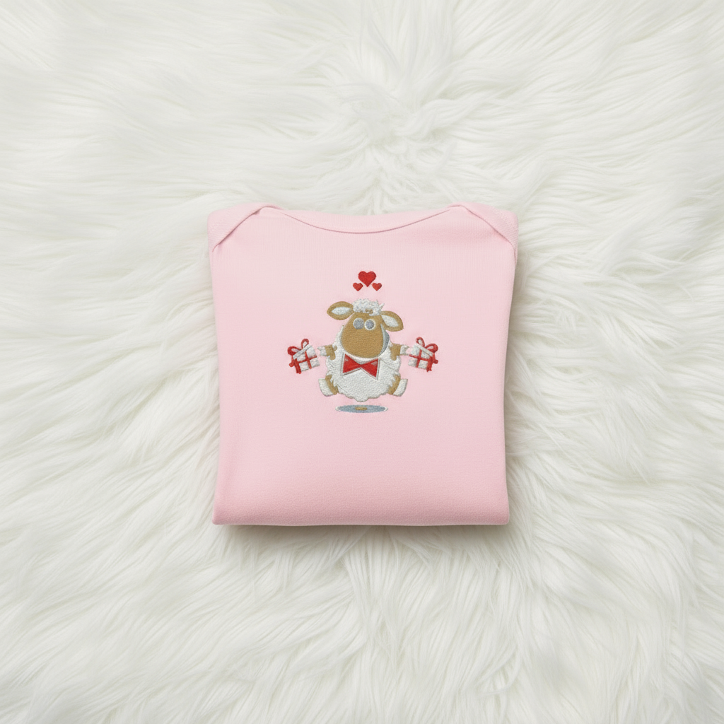 Pink onesie folded neatly showing design