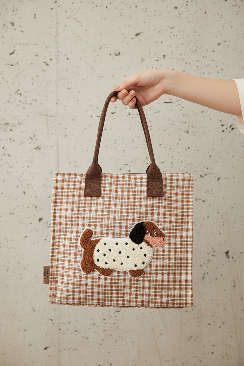 Pink Plaid Dog Bag in Hand