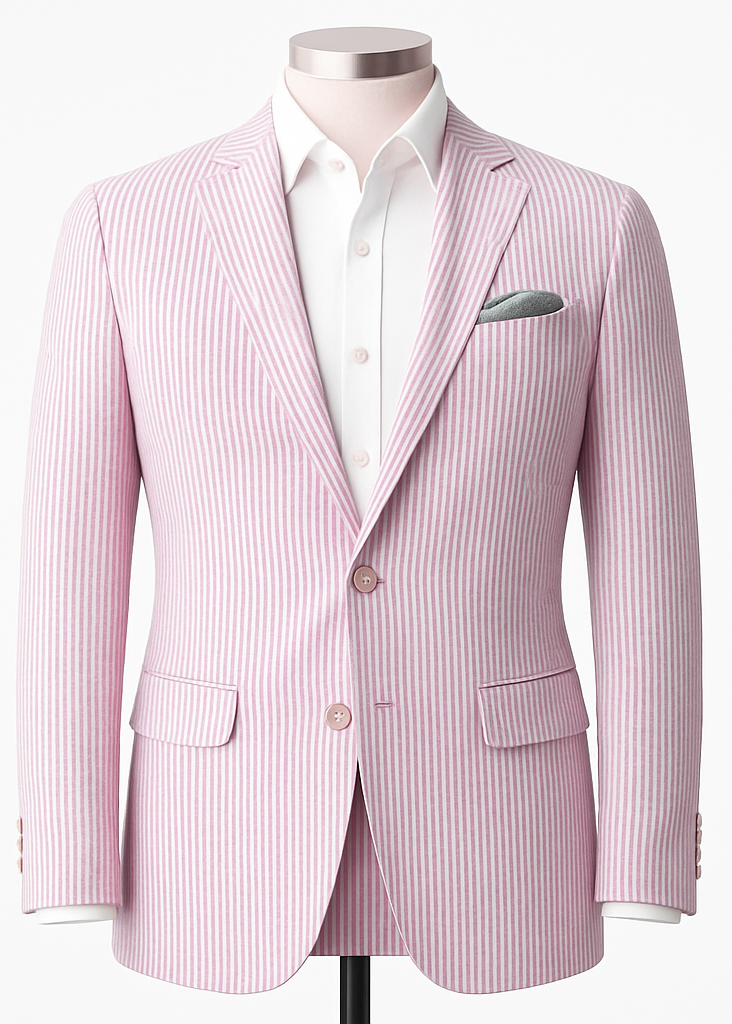 Slim Fit Two-Button Seersucker Pink Suit Set