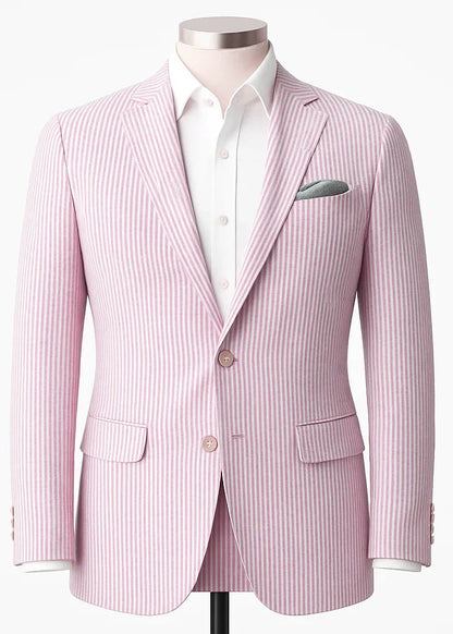 Slim Fit Two-Button Seersucker Pink Suit Set
