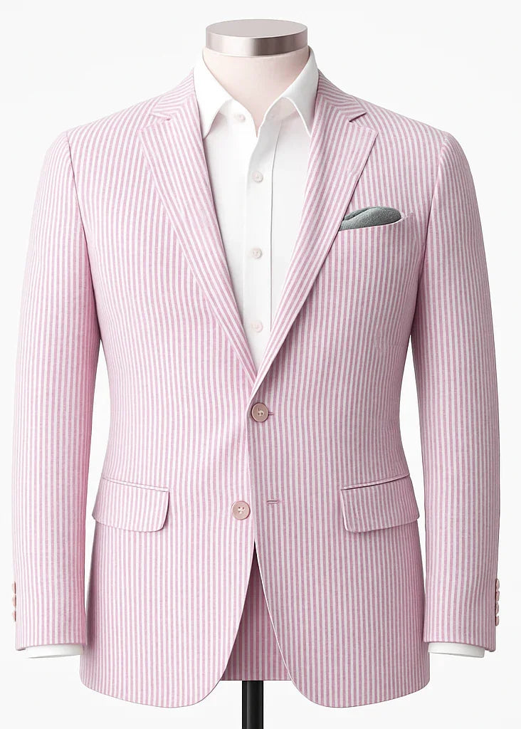 Slim Fit Two-Button Seersucker Pink Suit Set