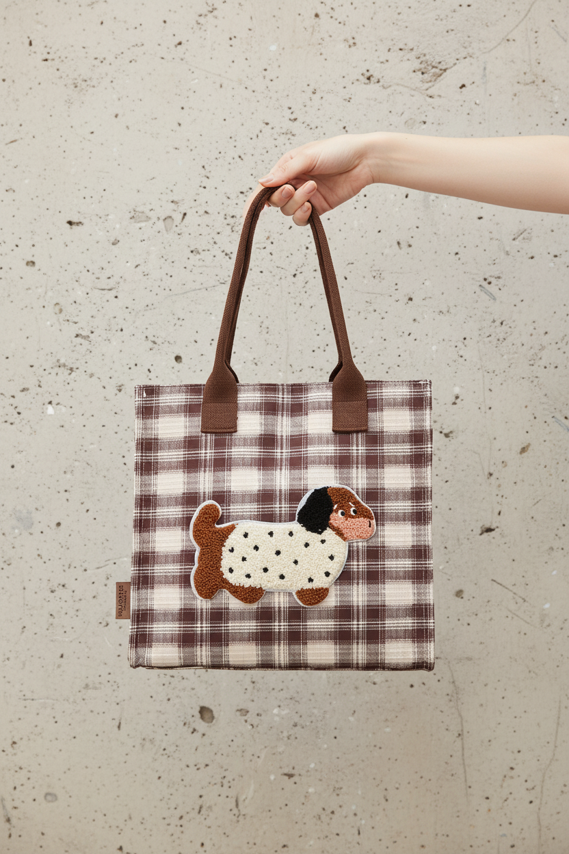 Plaid Dog Bag in Hand - Concrete Background