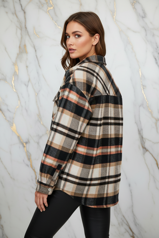 Plaid Shirt Jacket Three-Quarter Back