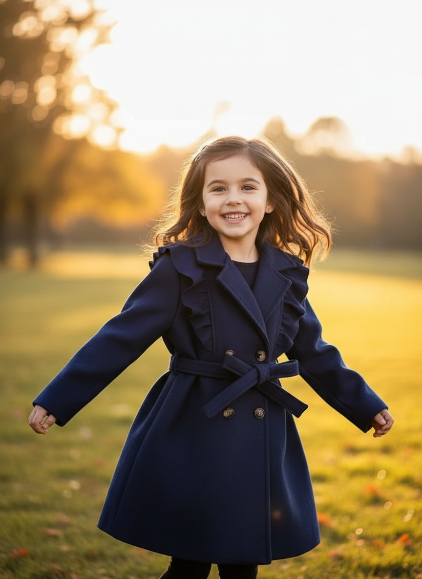 Playful outdoor photo of girl in navy coat