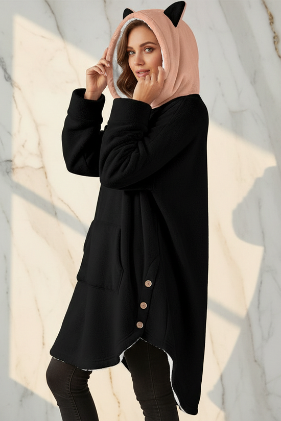 Playful pose with hands on hood