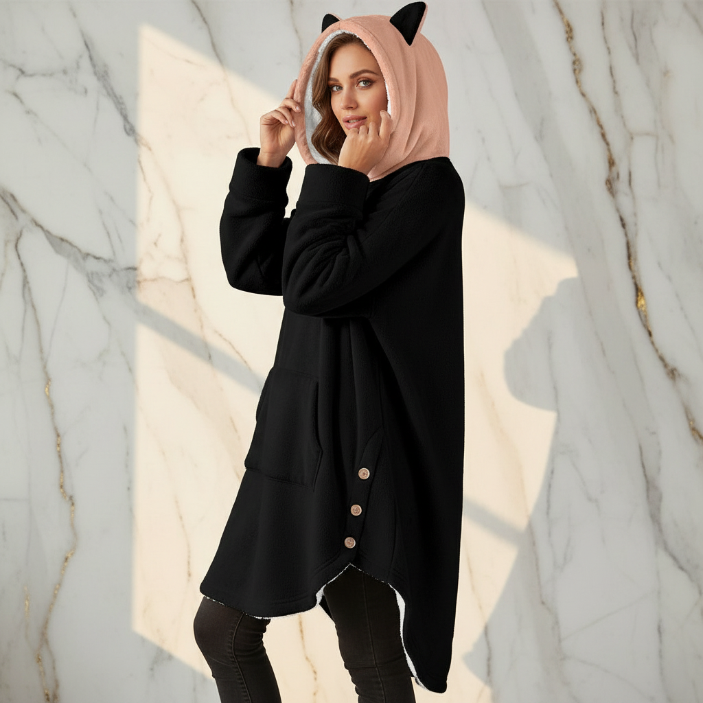 Playful pose with hands on hood